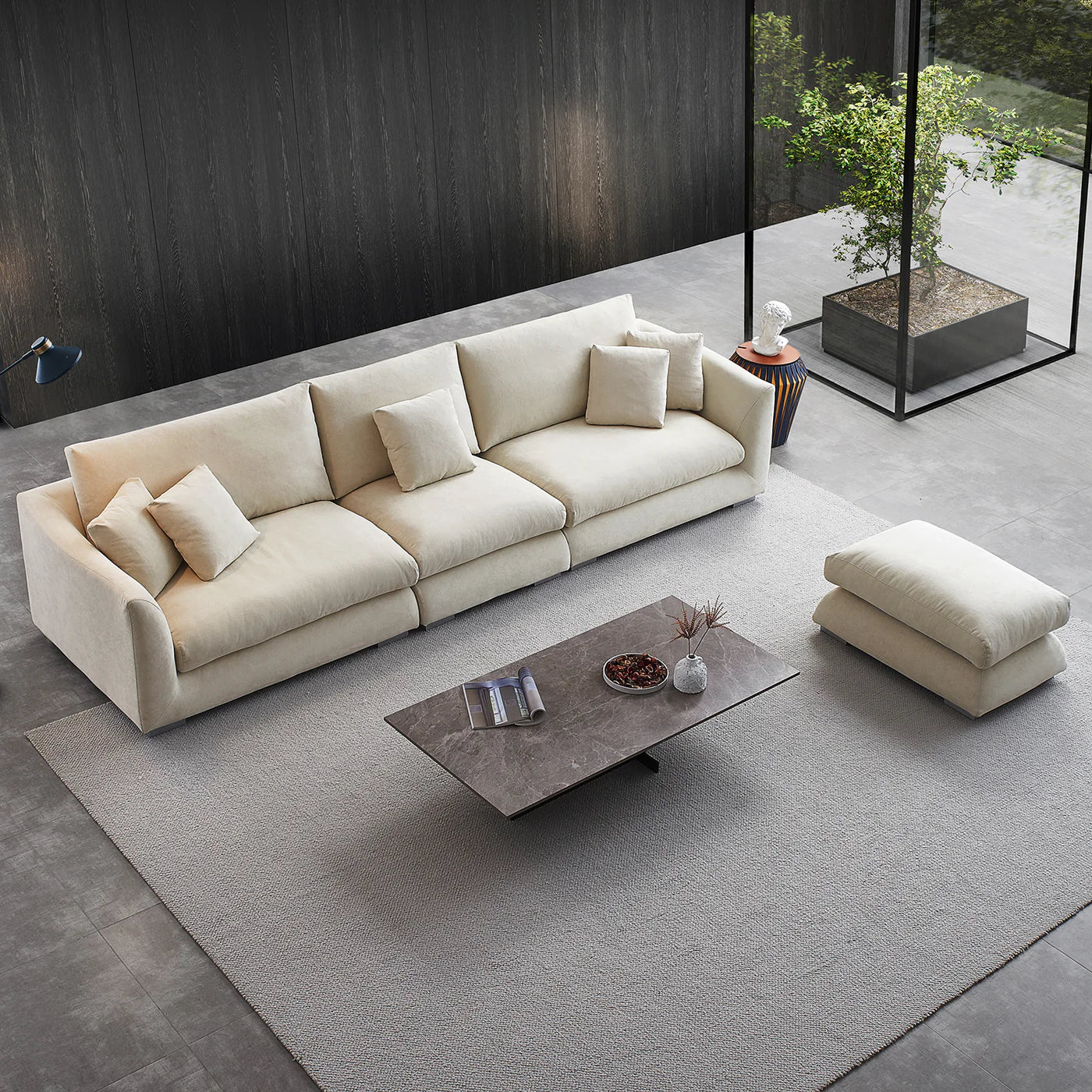 Beech wood sofa and pouf, 85 x 250 cm - SBF130