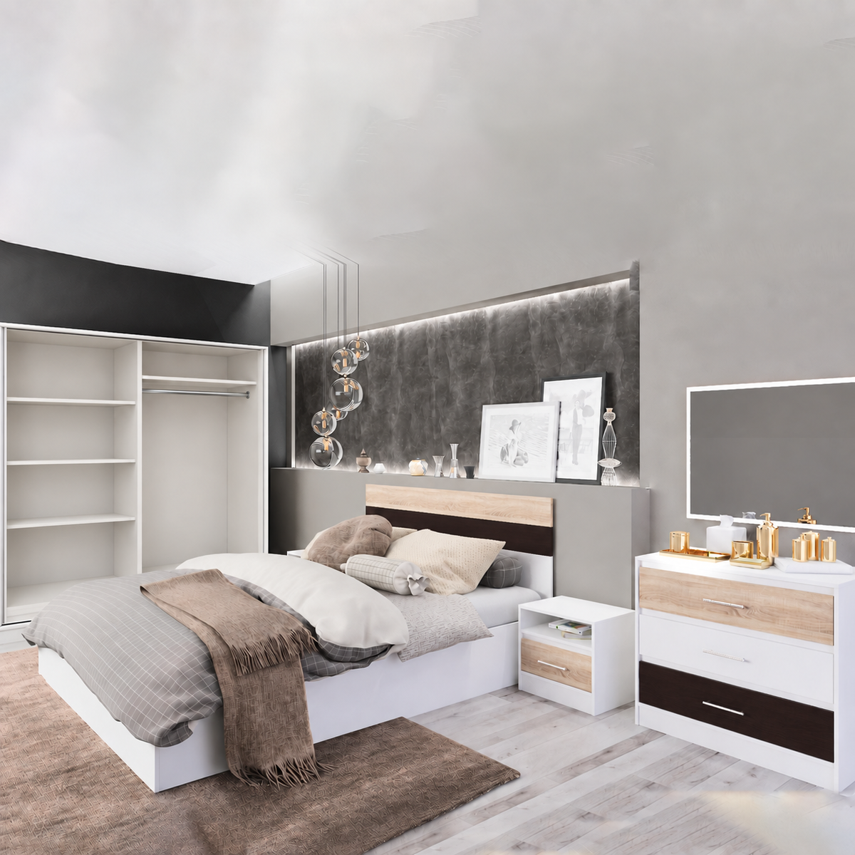 Bedroom - Four Pieces - Bed with Cupboard, Dresser and Drawer Unit - ALF10