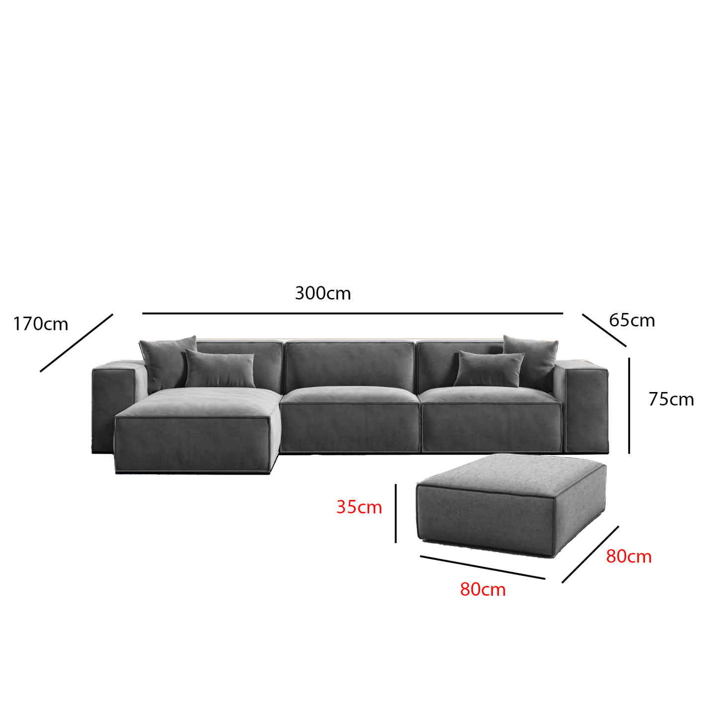 sofa Corner with Pouf 300×170cm - Multiple Colors - KM300