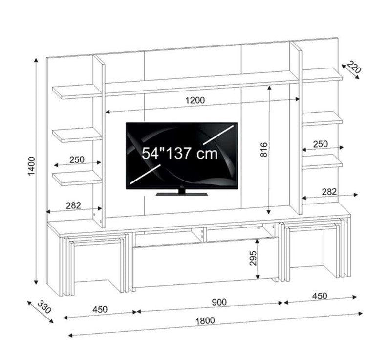 ترابيزة تلفزيون 180X33 سم مع أربع ترابيزات متداخلة وظهر خشبي - الوان متعددة-Chic Homz
